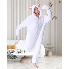 Laahoem Animal Persian Cat Pyjamas Unisex Adult Hood Men Women Jumpsuit Costume Cosplay Sleepwear, White