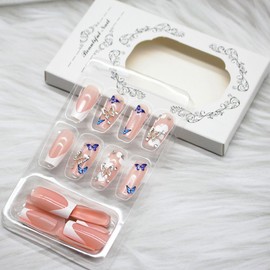 24Pcs French Tip Long Press on Nails Coffin Square Fake Nails with Summer Flower Butterfly Nail Art Designs Full Cover White Nails Tips Acrylic Nails Glossy Glue on French False Nails for Women