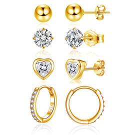 Hasnsofie Silver Stud Earrings Hoop Earrings, 4 Pairs 925 Sterling Silver Women's Stud Earrings Hoop Earrings Set, Small 5 mm Sleeping Stud Earrings with Zirconia and 14 mm Hoop Earrings Set with Gift