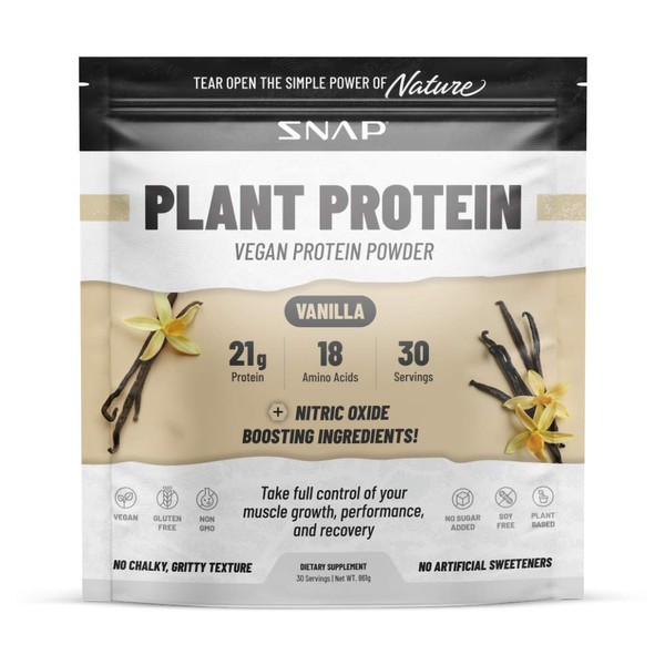 Organic Plant Based Vegan Protein Powder by Snap Supplements - Nitric Oxide Boosting Protein Powder, Vanilla Bean, BCAA Amino Acid for Muscle Growth, Performance & Recovery - 30 Servings