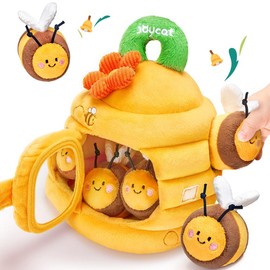 JoyCat Baby Bee Toy, Honeybee Plush Toys, Soft Beehive with 5 Stuffed Sensory Bees, Rattle, Crinkle Paper, Squeaker, Mirror, Stuffed Animals Toys Gift:_Soft Beehive