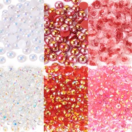 Craftdady Red Mixed Rhinestone Half Round Pearls for Crafts Flat Back Pearls and Rhinestone for Crafting Flower Resin Decode Cabochons for DIY Tumblers Mugs Nail Art Shoes Clothes