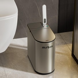 MRBIN Motion Sensor Bathroom Trash Can and Disposable Toilet Brush Holder Set, 1.8 Gallon Slim Stainless Steel Small Garbage Pail, Toilet Smart Waste Basket with Lid and Odor Filter, Eclipse Grey