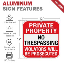 T&R Large (2 Pack) Private Property No Trespassing Sign - 12 x 12 Inches .040 Aluminum - 2 Pre-Drilled Holes - UV Protected, Waterproof and Fade Resistant