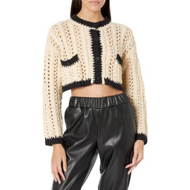 MOON RIVER Women's Crochet Hole-Knitted Cardigan Top, Cream, Medium