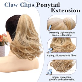 MOCA HAIR Ponytail Extension,Mixed Blonde 12 Inch Claw Clip Ponytail Extension, Soft Wavy Curly Clip on Ponytails for Women Heat Resistant Synthetic Hairpiece for Daily Use