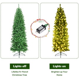 DORTALA Pre-lit Christmas Tree, 7 FT Artificial Pencil Xmas Tree with 995 Branch Tips, 350 Warm LED Lights, Folding Metal Stand, Green