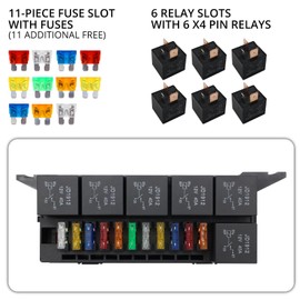 TOMSHIELE 12V Fuse Relay Box with 6 Pcs 4 Pins Slots Relays and 22 Way ATC/ATO Blade Fuse Holder (11 Fuses + 11 Free Fuses), for Auto Car Marine Boat