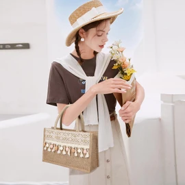 NICOLE & DORIS Women's Handbag Shopper Jute Bags Beach Bag Jute Shopping Bag Bohemian Tote Handbag for Picnic Travel Everyday Khaki, khaki, bohemian