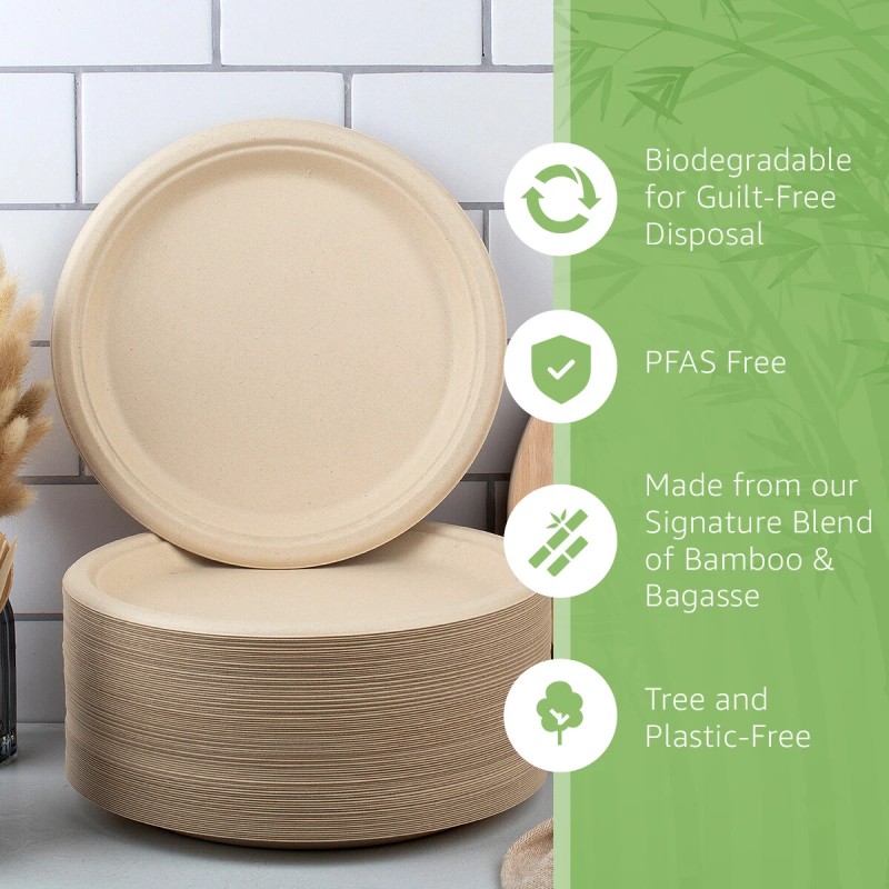Ibambo Bamboo Disposable Paper Plates - Compostable Plate, PFAS Free