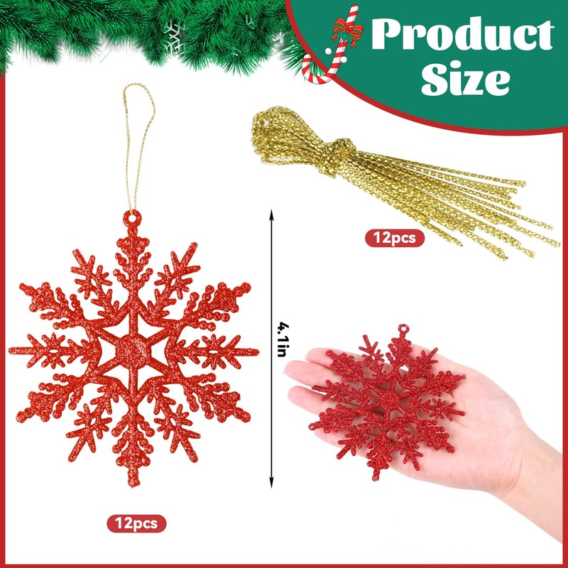 DERAYEE Christmas Decoration Snowflake Hanging Red Pack of 12 Snowflakes