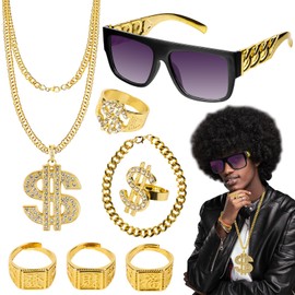 Pack of 8 Costume Gold Chain Fancy Dress Costume Accessories 80s 90s Outfit Hip Hop Costume Men with Golden Sunglasses, Necklace, Bracelet and 5 Golden Rings for Carnival Theme Party, gold, M