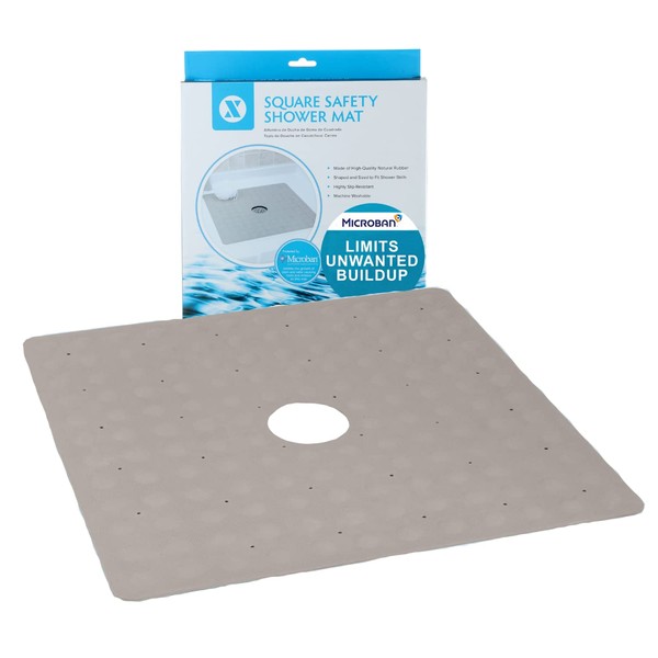 SlipX Solutions Microban-Infused Rubber Shower Mat, 21" x 21" | Anti-Slip Square Bath Mat w/ 140 Power Grip Suction Cups | Tan