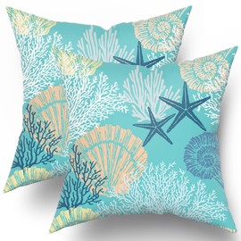 Sweetshow Ocean Coral Pillow Covers 12x12 Inch Nautical Coastal Throw Pillows Set of 2 Beach Seashell Starfish Pillow Case Soft Cotton Square Cushion Covers for Home Couch Sofa Patio Bedroom, Green