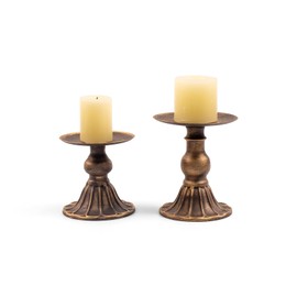 Farmhouse Bronze Candle Holders for Pillar Candles Metal Decorative Taper Candle Stand, Retro Set of 2 Candlestick Holder Table Centerpiece Decor for Fireplace, Living or Dining Room