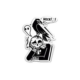 (3pcs) Funny Skeleton and Raven Sticker - Gothic Black and White Aesthetic - Spooky Skull Smoking with Ghost and Crow Saying Heck - Dark Humor Vinyl Decal - Waterproof Sticker for Laptops