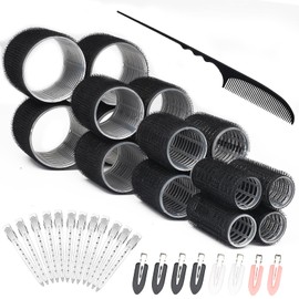 37 Stück Lockenwickler Set, Selbsthaftend Hair Rollers, Schwarze Haarwickler mit 4 Größen 60 mm 48mm 36mm 25mm, Jumbo Lockenwickler mit 20 Klammern und 1 Kamm für Lange Mittlere Kurze Haare