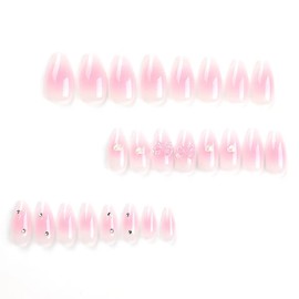 Nail Apparel Y2K Cute Medium Almond Press on Nails 3D Charms Pink Glitter Rhinestone Heart Pearl Bow Medium Almond Fake Nails 24Pcs (Glossy Pink 3D Bow)