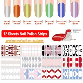 DANNEASY 12 Sheets French Nail Polish Stickers Full Nail Wraps French Tip Nail Strips Gel Nail Polish Strips Self Adhesive Fingernail Sticker Nails for Women with Nail File, Cuticle Stick