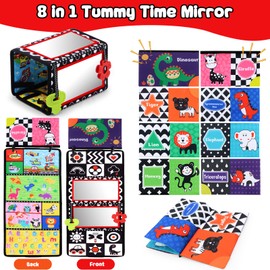 Tummy Time Floor Mirror with Crinkle Cloth Book and Teethers, Double-sided Baby Mirror Black and White High Contrast Baby Toys, Folding Crawling Activity Mat for Infants 3 6 12 Months (B-Mirror+Book)