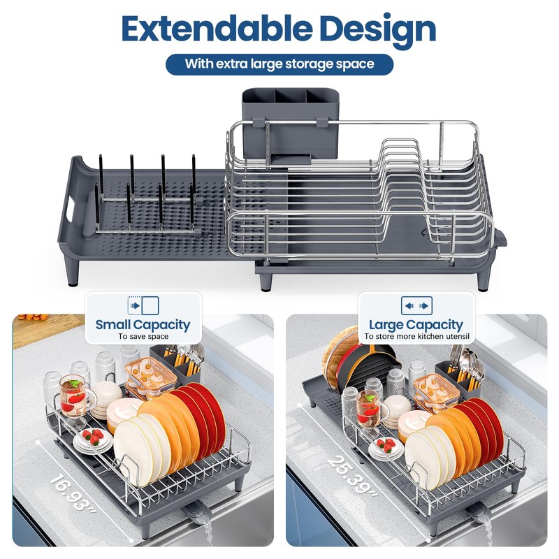 NTD Expandable Dish Drying Rack for Kitchen Counter, 16.7"-26.8", Gray