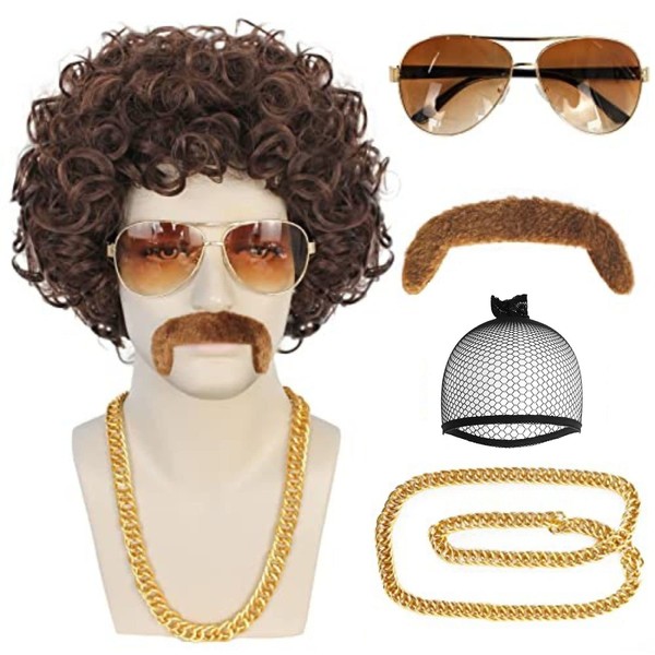 ANOGOL+Wig Cap+Mustache+Necklace+Glasses 5Pcs Afro Wig for Men Short Brown Curly Wig Disco Wigs 70'S Wig for Men 80'S Costumes for Men Disco Wig Jerry Curly Afro Wig Rocker Costume Wig Halloween Party
