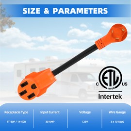 RV Power Adapter 30 Amp to 50 Amp RV Adapter, NEMA TT-30P Male Plug to 14-50R Female Receptacle Camper Electrical Adapter with Ergonomic Handle, 13 Inch 30amp RV Plug ETL Listed Outdoor Extension Cord