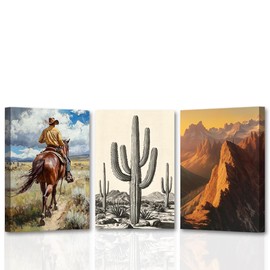 CXHOSTENT Western Cowboy Wall Art Southwestern Wall Decor Cowboy Canvas Art 3 Pieces Boho Cactus Canyon Pictures Rustic Country Decor Framed (11x14inchx3Pcs)