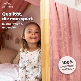 lilimaus House Bed Canopy, Made of 100% Cotton Muslin, Handmade, Fabric Bed Decoration, Girls and Boys, Children, Bed Curtain for Children's Bed, Dusky Pink