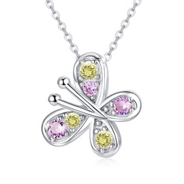 Butterfly Necklace for Women, S925 Sterling Silver Butterfly Zirconia Pendant Jewelry Whitegold Plated with Pink Yellow 5A Cubic Zirconia Anniversary Birthday Christmas Gift for Mom Wife Her