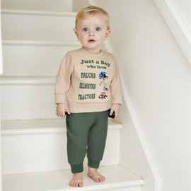 Geagodelia Toddler Baby Boy Spring Fall Outfit Clothes Letter Tractor Print Sweatshirt Jumper Top Trouser Jogger Clothing Set (Khaki, 2-3T)