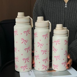Bow Pattern Stainless Steel Vacuum Flask, 1 Count Portable Large Capacity Water Bottle, Summer Cool Bottle Drinking Cup for Home Office Outdoor Sports, Drinkware:_Big pink bow._1000ML