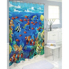 Homewelle Tropical Fish Shower Curtain Kids 72Wx72L Funny Under The Sea Colorful Ocean World Coral Blue Clown Fish Animal Boys Children Waterproof Polyester Fabric Bathroom Bathtub