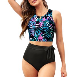 Aqua Eve - Conjunto de bikini de cintura alta para mujer, traje de baño de dos piezas, traje de baño de cuello alto