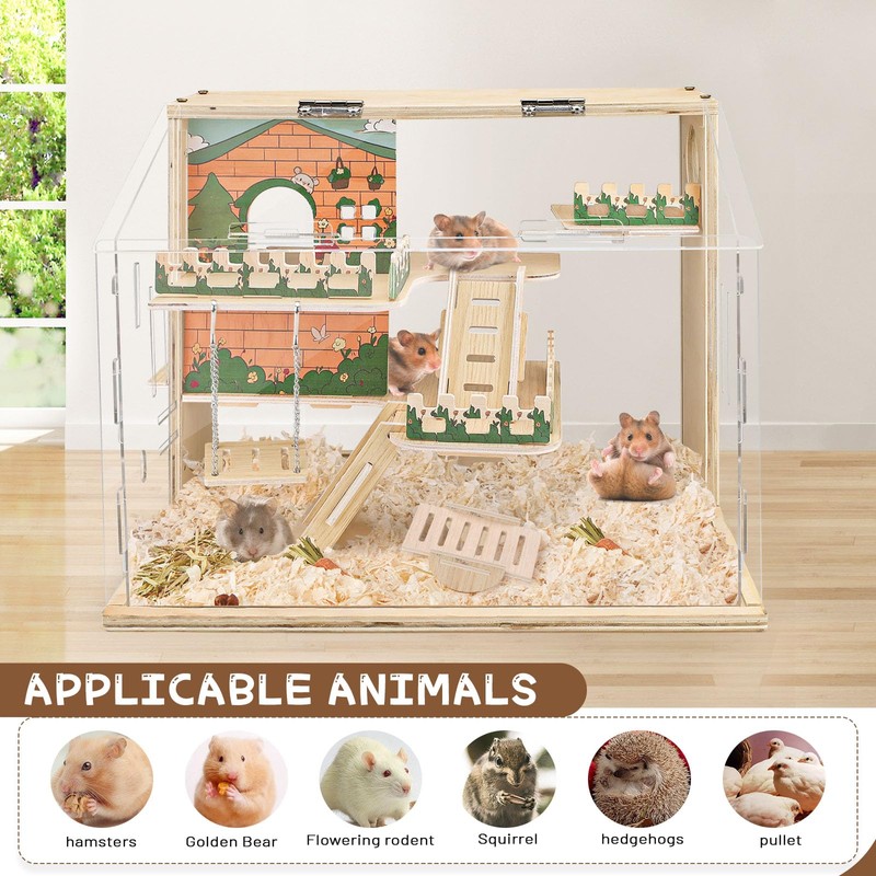 Wooden Hamster Cage Large, 16-Inch 3-Layer Acrylic Hamster Cage, Small