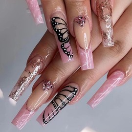 Glossy Glitter Butterfly Press on Nails Long Coffin Pink Fake Nails Butterfly Design 3D Diamond False Nails Ballerina Full Cover Acrylic Nails for Women and Girle 24Pcs