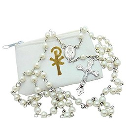 Elysian Gift Shop Catholic 6mm Beads White Pearl Rosary with White Vinyl Rosary Case with Gold Accent