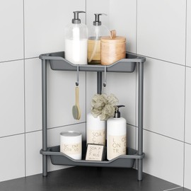 ODesign 2 Tier Floor Standing Corner Shower Caddy Organizer Plastic Metal Splicing Shelf Storage Rack for Bathroom Grey - Rustproof