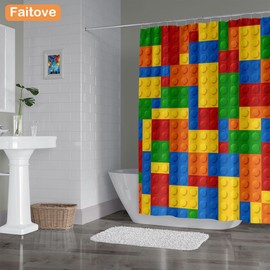 Faitove Kids Shower Curtains Colorful Blocks Shower Curtain Set for Bathroom Decor Funny Shower Curtain Boys Girls Waterproof Polyester Fabric 72" x 72"