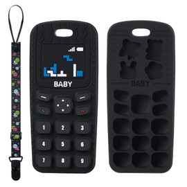 Aolso Baby Teether Toys, Silicone Baby Teething Toys Phone Shape with Pacifier Clip, Soft Teething Toys for Toddlers, BPA Free, Boys Girls Baby Chew Toys, Teethers for Babies 0-6 Months (Black)