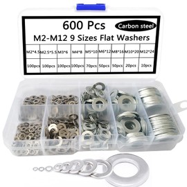 [Set of 600] Flat Washer Flat Washer Set Flat Washers Winuin M2 M2 M2.5 M3 M4 M5 M6 M8 M10 M12 Corrosion and Rust Resistant Storage Case for Repair Convenient Tool 9 Sizes 600 PCS