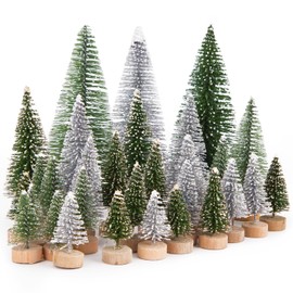 Shindel 45PCS Mini Sisal Trees with Snow, Mini Sisal Snow Frost Trees Multicolor Bottle Brush Trees for Christmas Village Sets Diorama Tree Models Table Decoration