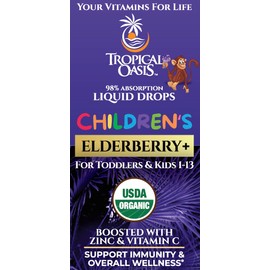 Tropical Oasis USDA Organic Liquid Vitamin Drops with Elderberry, Vitamin C and Zinc for Toddlers & Kids | Sugar Free | Vegan | Non-GMO | 2 Fl Oz