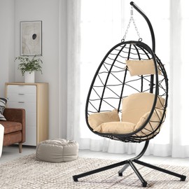 ESPIDOO Hanging Egg Chair with Stand: Indoor Outdoor Swing Chair for Patio & Balcony - Black Rattan Wicker Basket Chair with Beige Cushion for Adults Relaxation