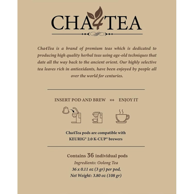 Cha4TEA 36 Oolong Tea Pods for Keurig K-Cup Brewers
