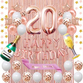 Fancypartyshop 20th Birthday Decorations - Rose Gold Happy Birthday Banner and Sash with Number 20 Balloons Latex Confetti Balloons Ideal for Girl and Women 20 Years Old Birthday Rose Gold
