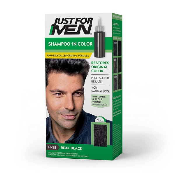 Just For Men Shampoo-In Color (Formerly Original Formula), Gray Hair Coloring for Men - Real Black, H-55 (Packaging May Vary)