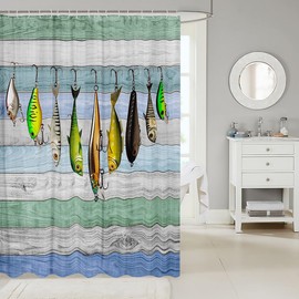 Erosebridal Colorful Fish Bathroom Shower Curtain Sets, Fish Hook Fishing Shower Curtain for Kids Boys Girls Teens, Rustic Farmhouse Waterproof Fabric Shower Curtains Western Style 72" Wx72 L