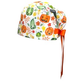 CALOMED Scrub Cap for Women and Men, Euro Style Scrub Caps, with Ribbon Ties & Buttons, Long or Short Hair (Fun Watercolor Pumpkins and Leaves)