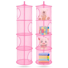 Libeder Organizador de bolsas de almacenamiento de malla para colgar, 4 compartimentos, cesta de almacenamiento de juguetes para habitación de niños, baño, 2 juegos, rosa